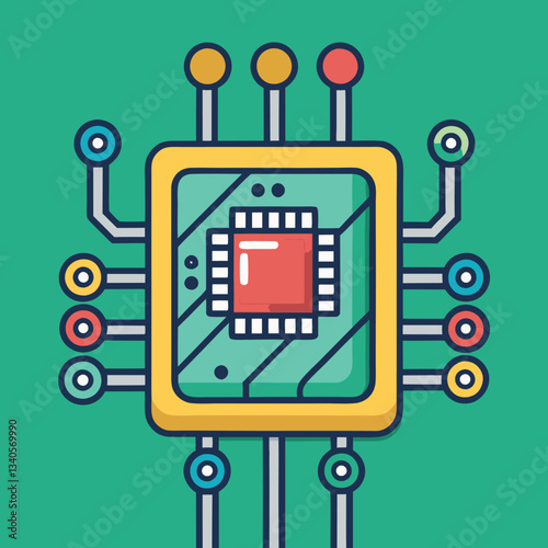 Microchip Circuit Board Vector Icon Design, A vector illustration of a microchip with colorful connections on a circuit board, set against a green background, symbolizing technology.
