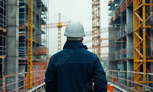 A construction worker in a hard hat stands with his back to the camera, overlooking a construction site with cranes and scaffolding, emphasizing the focus on industry and development.