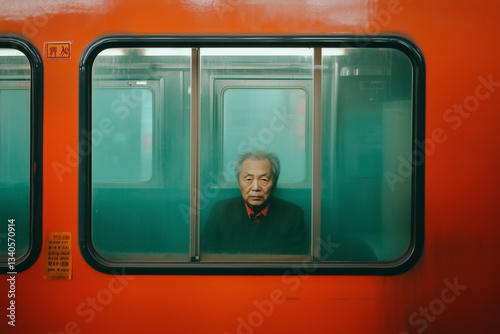 An Asian man seated in a subway train, captured in a nostalgic 70s aesthetic.