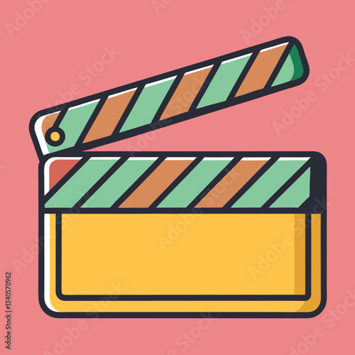 Colorful Movie Clapperboard Vector Icon, A colorful vector design of a movie clapperboard, symbolizing film production, set against a pink background.
