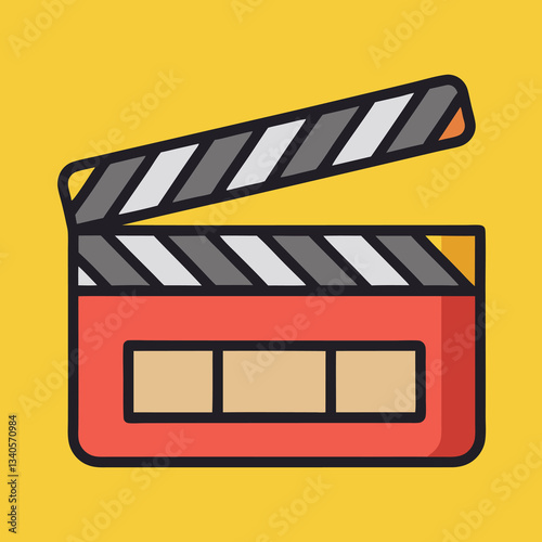 Movie Clapperboard Vector Icon Design, A vector design of a movie clapperboard on a yellow background, symbolizing film production and cinematography.
