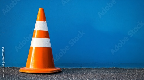 Orange traffic cone against blue wall on pavement. Urban safety concept