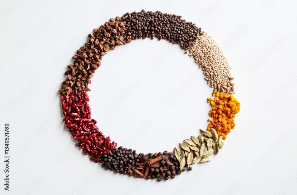 Exotic spices from around the world, arranged in a circle, Exotic spices from around the world, arranged in a circle,