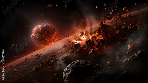 Captivating space scene depicting an asteroid and meteor amidst a gamma-ray burst illustrating the beauty of cosmic explosions in space.