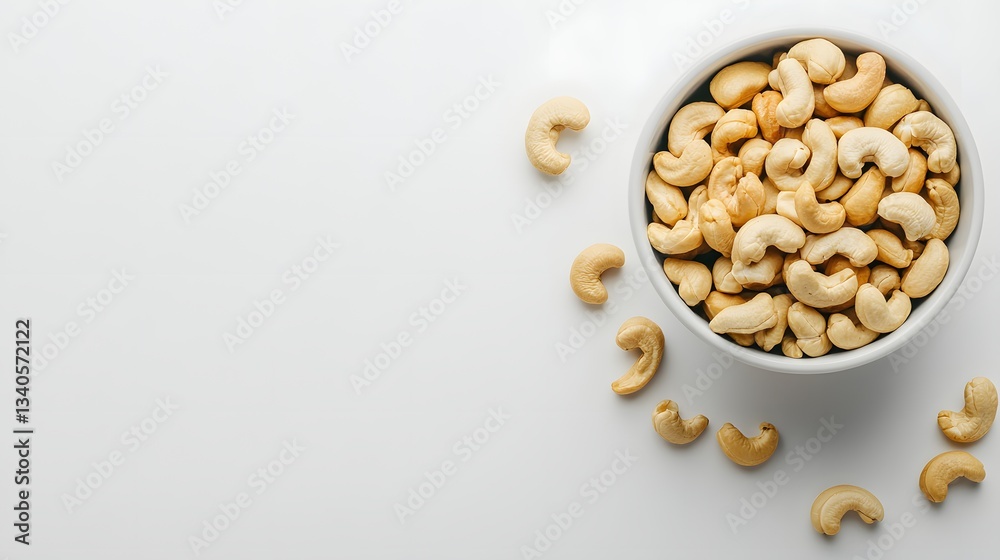 Bowl overflowing with cashew nuts on a white background Bowl overflowing with cashew nuts on a white background