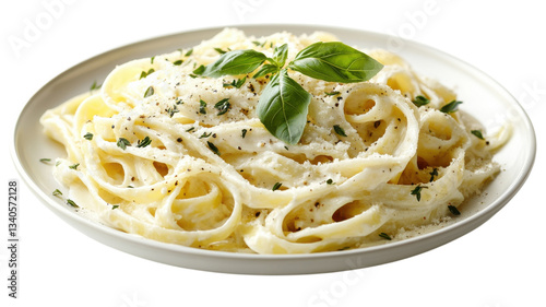 Creamy fettuccine alfredo garnished with fresh basil on a rustic white plate