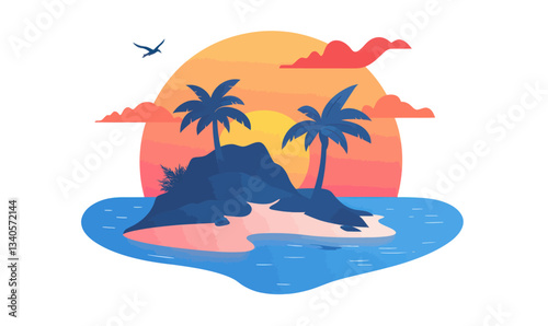Minimalist Tropical Island at Sunset in Vibrant Colors - Flat SVG Vector Illustration