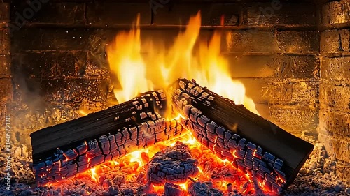 Cozy fireplace with crackling logs and vibrant flames, creating a warm ambiance in a rustic setting