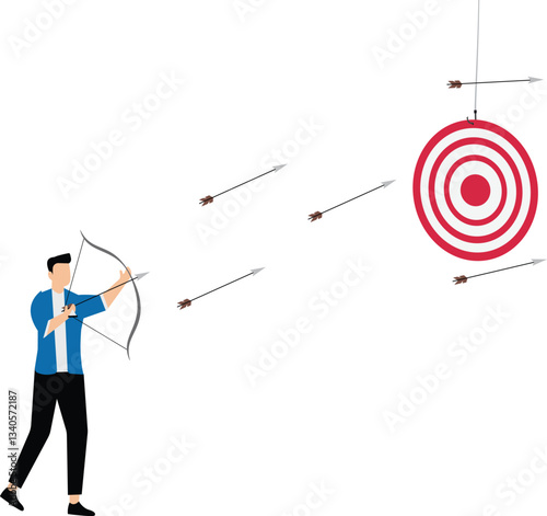Businessman trying to shoot arrows with bow to hit the bullseye but failed