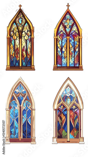 Medieval Gothic Stained Glass Window Vector Art with Intricate Mosaic Patterns