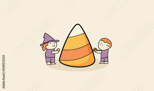 Playful Minimalist Line Art of Candy Corn Shared by Characters - Halloween Fun