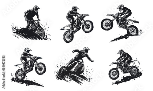 Dynamic Motocross Rider Set Overcoming Obstacles in Black and White Vector Illustration