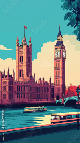 Retro London Travel Poster with Big Ben and Thames in Vintage Minimalist Style