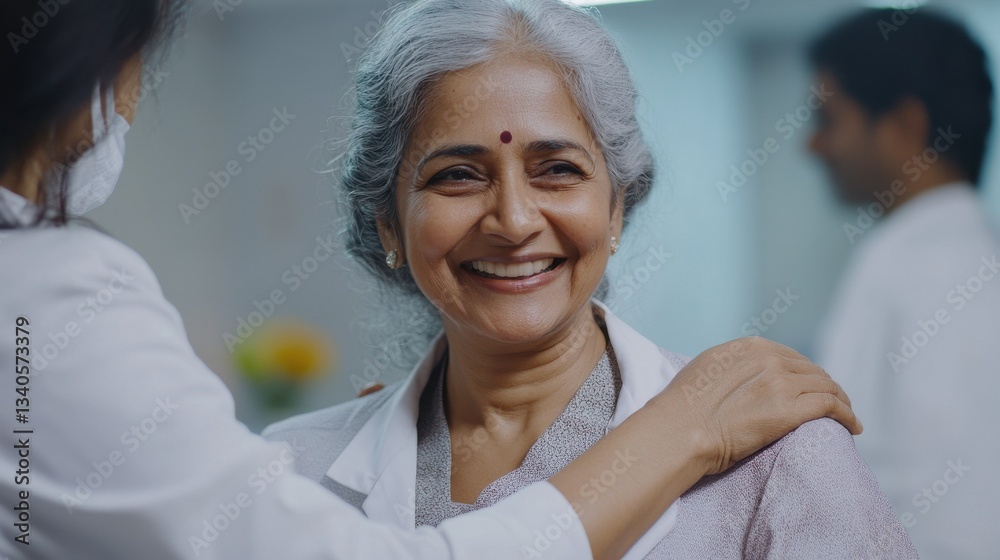 Fototapeta premium Happy young Indian doctor therapist in white coat has appointment consulting supporting putting hand on shoulder of older senior female patient in modern clinic hospital. Medical healthcare concept.