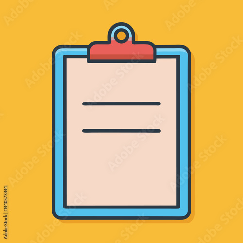 Clipboard with lines vector illustration, A vector illustration of a clipboard with a sheet of paper featuring horizontal lines, a red clip, and a teal frame, set against a yellow background.
