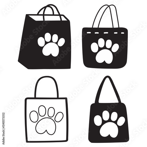 Set of bags with dogs paws. Vector design. Illustrations on white background.