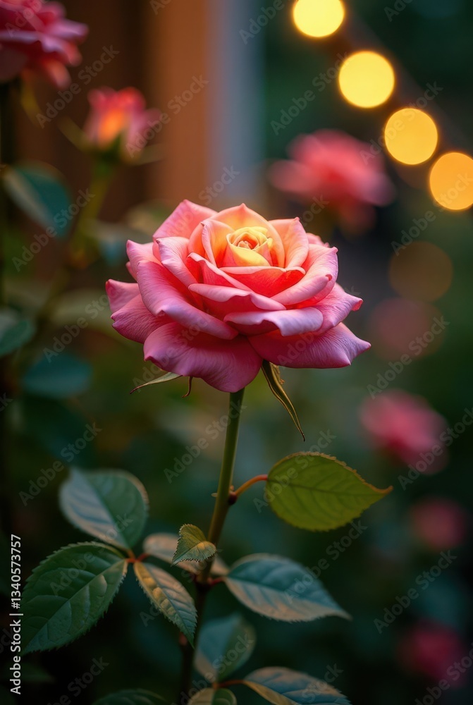 Obraz premium A single pink rose blossom bathed in the soft glow of evening lights, delicately framed by lush green foliage and blurred background