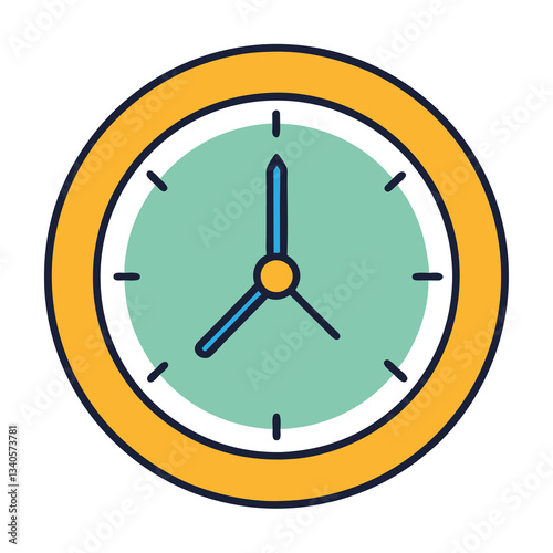 Colorful round clock vector illustration, A colorful vector illustration of a round clock with a teal face, yellow frame, and blue clock hands on a clean white background.
