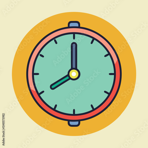 Colorful round clock vector design, A vibrant vector design of a round clock with a green face, red and blue frame, and simple yellow hands on a soft yellow background.
