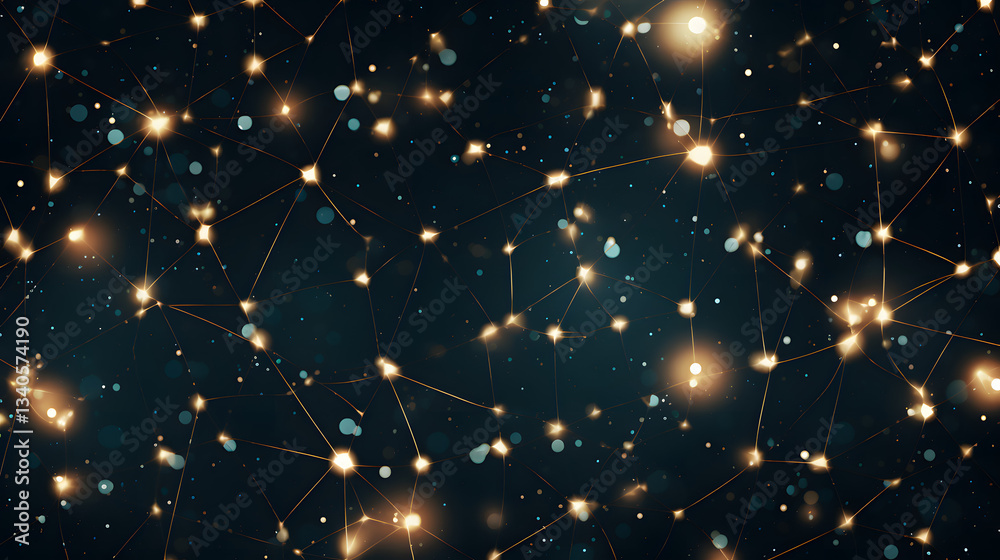 Fototapeta premium Dark background with numerous lights creating a dazzling display of geodesic paths illustrated by intersecting lines across space.