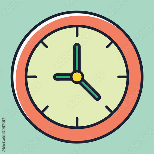 Colorful wall clock vector illustration, A colorful vector illustration of a round wall clock with a yellow center, green hands, and a red frame on a light green background.
