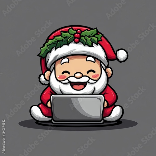 Santa Claus examines a laptop in an illustration of a modern Christmas cartoon with a flat style