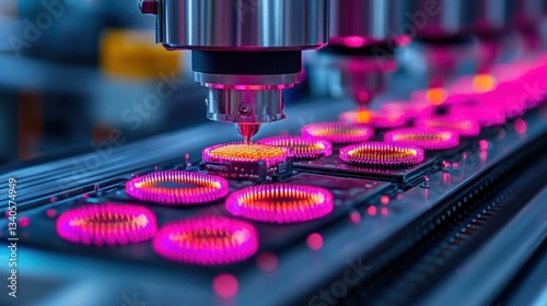 Automated Industrial Manufacturing Process: High-Precision Assembly Line with LED Lighting