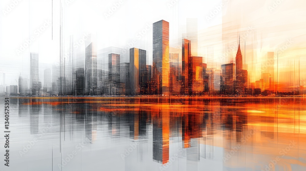Fototapeta premium Abstract cityscape featuring skyscrapers reflecting in water during sunset