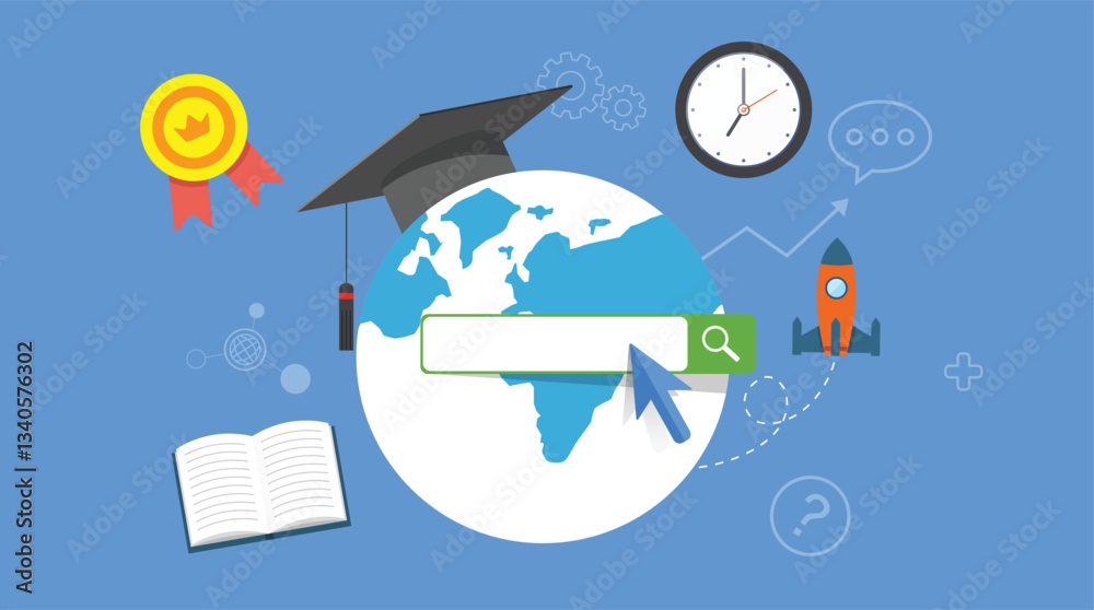 Flat global learning search background, infographic template, website, homepage, visual, vector icon