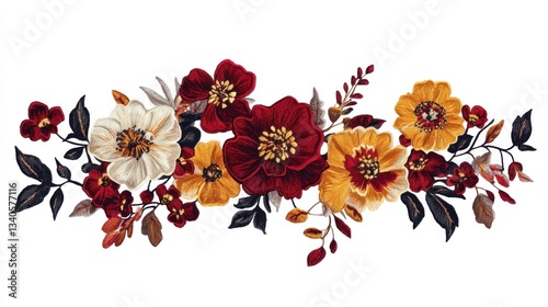 Autumnal floral arrangement. Vibrant bouquet of deep burgundy, gold, and cream flowers, leaves, and sprigs