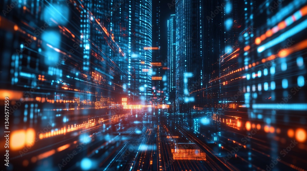 Obraz premium Futuristic Cityscape Depicting Digital Data Processing and Networks