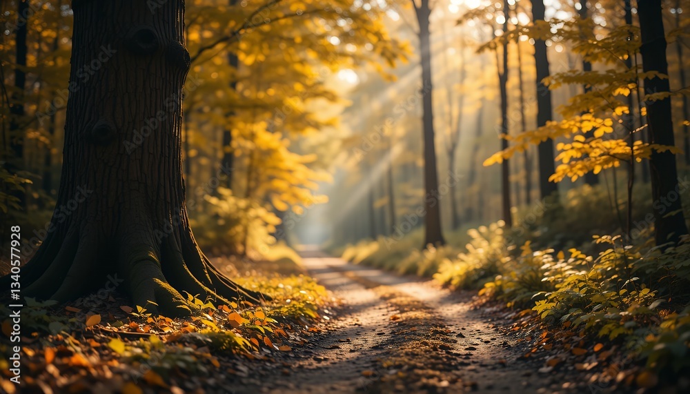 Fototapeta premium Sun-Kissed Autumnal Forest Path Bathed in Golden Light: A Tranquil Escape