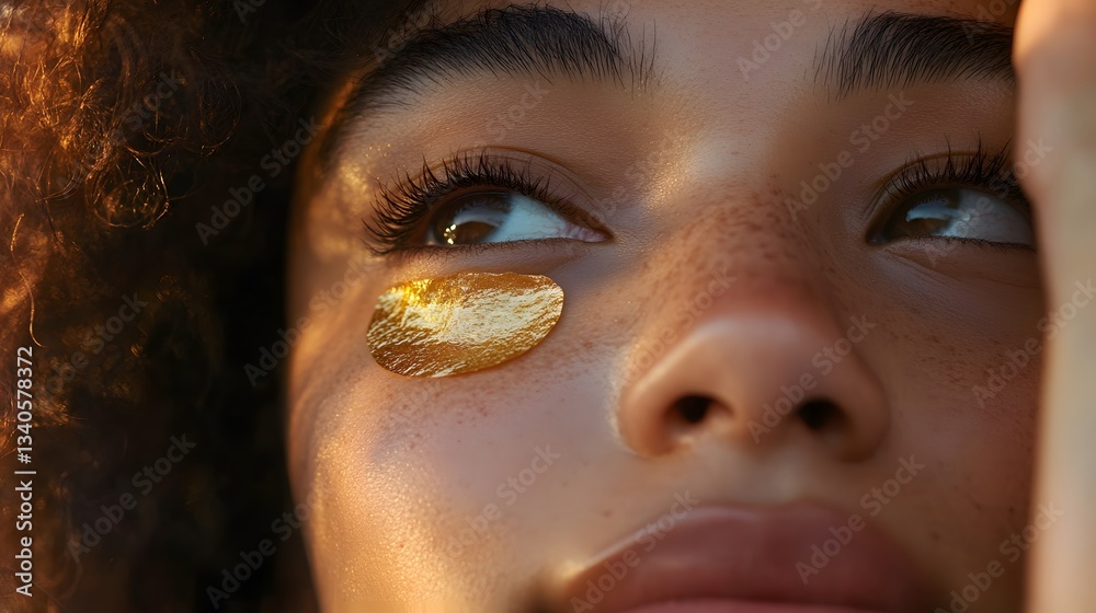 Woman with a gold patch under her eye looking upwards Woman with a gold patch under her eye looking upwards