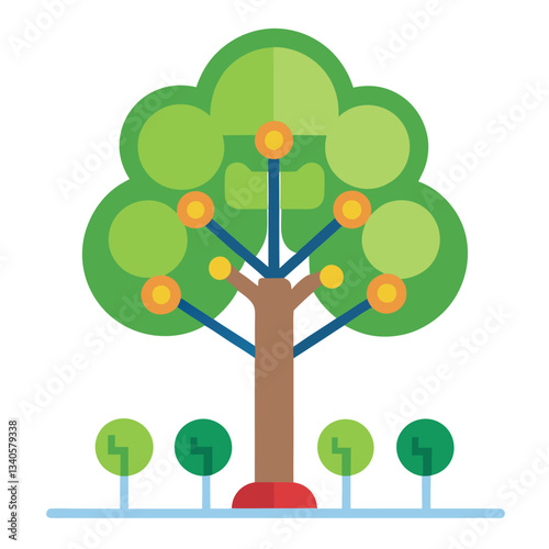 Abstract Family Tree Icon Vector Design, Stylized vector illustration of a family tree with vibrant circles representing family members and geometric shapes for trees.
