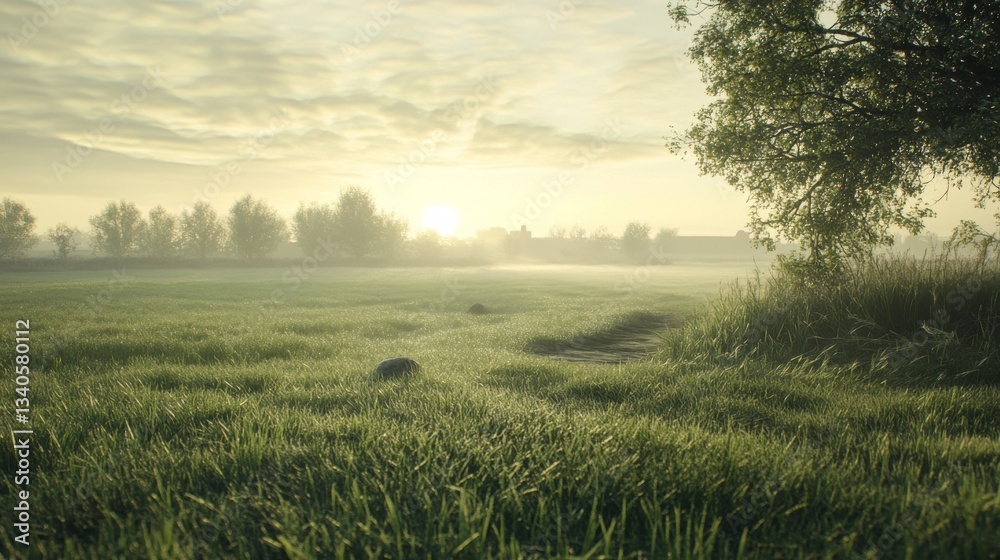 Misty Sunrise over a Lush Meadow Misty Sunrise over a Lush Meadow