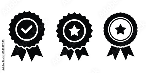 Approved or certified medal icon line art silhouette vector illustration. Vector set of medal icons. Certified badge and approval symbols. Flat approval icon pack.