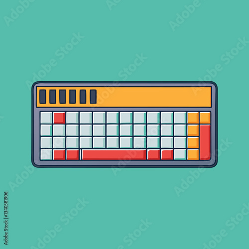A vector illustration of a retro-style computer keyboard with orange, red, and blue keys, set against a teal background, perfect for digital and vintage themes.

