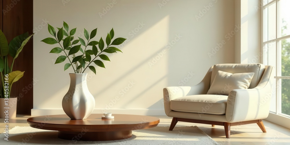 Fototapeta premium Serene Minimalist Living Room Interior Design Featuring a Comfortable Armchair and Elegant Coffee Table with a Vase of Greenery, Bathed in Soft Sunlight