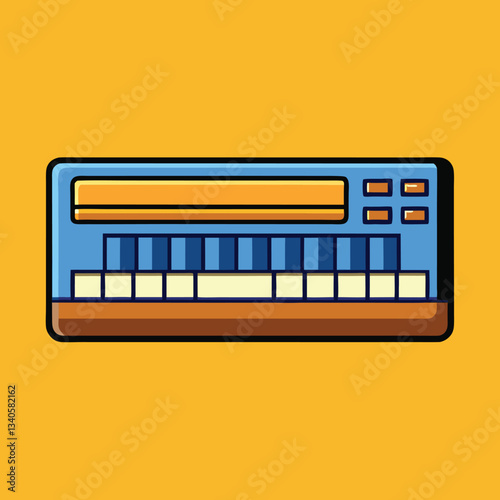 Retro style music keyboard vector illustration on yellow background, A vector illustration of a retro-style music keyboard with blue and yellow keys, set against a yellow background, perfect for music