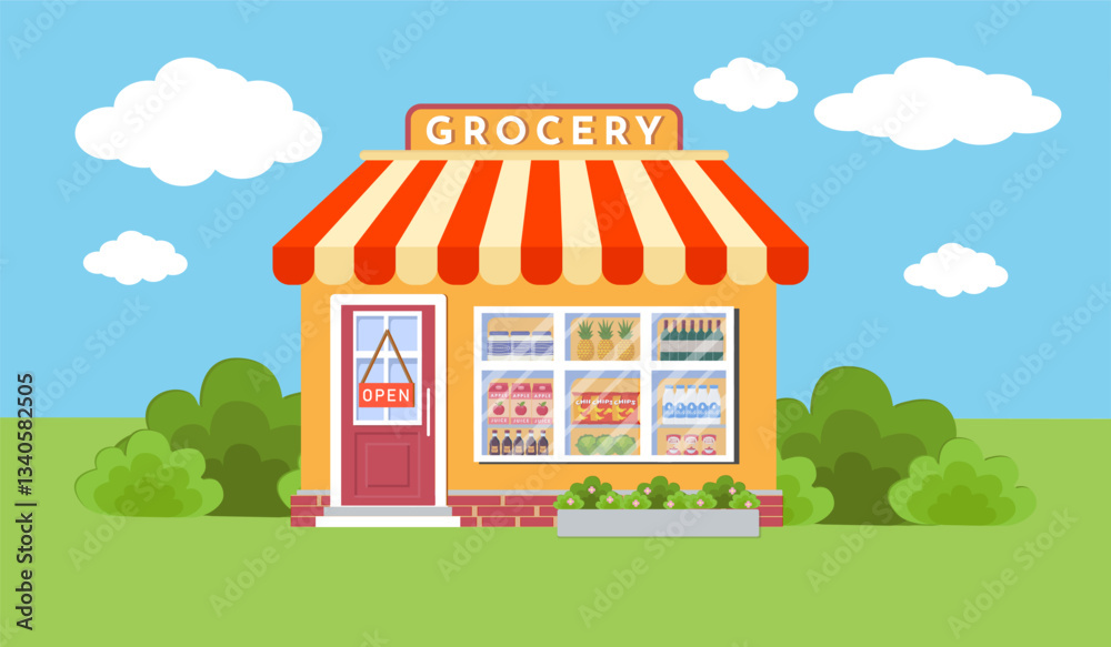 Grocery store front with window and door. Wooden and brick facade. Glass showcase of boutique. Small european style shop exterior. Commercial, property, market or supermarket.