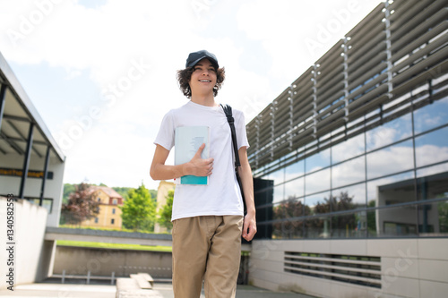 College boy in casual attire carrying bag and book walking outdoor on sunny day Free Download College boy in casual attire carrying bag and book walking outdoor on sunny day - GFXLoad