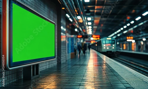 A dimly lit subway station featuring a large blank billboard with a green screen, suggesting potential advertising space. The platform is empty, highlighting the urban environment.