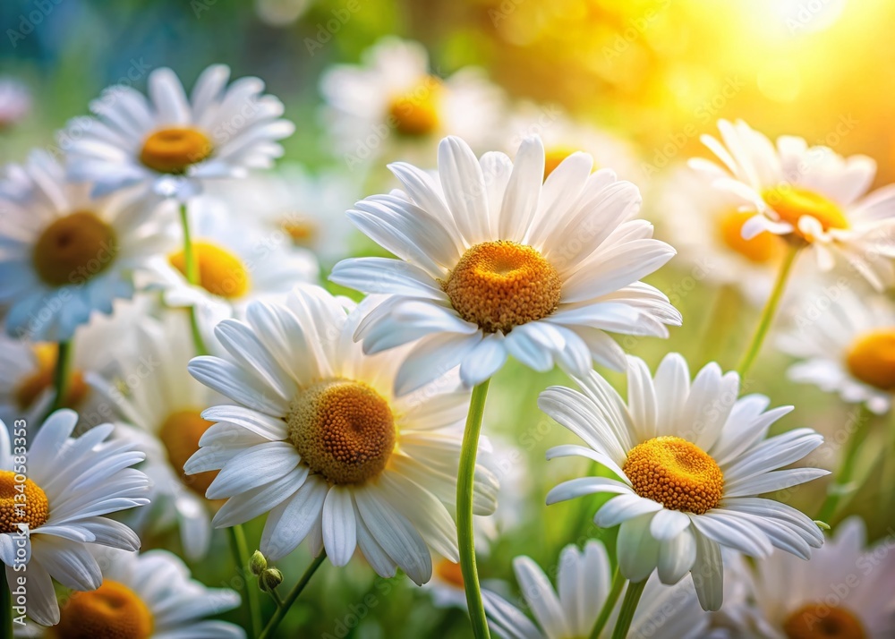 Fototapeta premium Panoramic Close-Up of White Daisies in a Garden - Blooming Summer Flowers