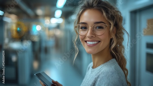 Smiling Woman in Glasses Holding a Smartphone in a Modern Office