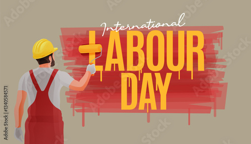 International Labour Day Banner Worker in Safety Helmet Painting Bold Dripping Typography