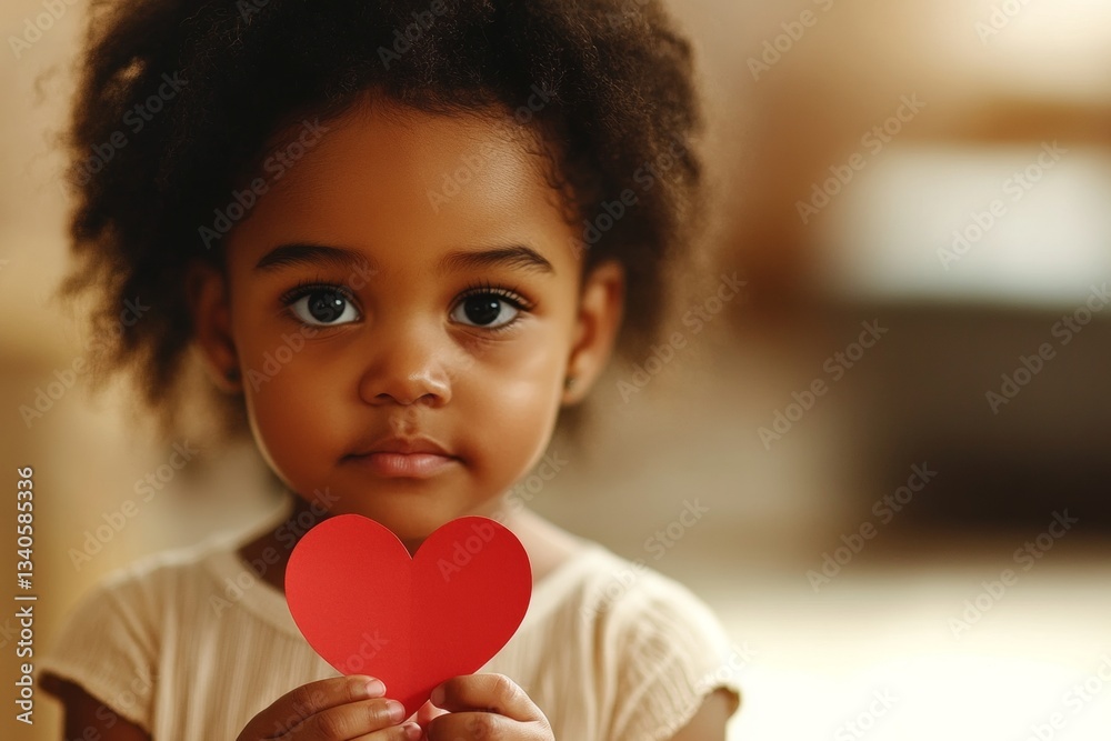 Serious face cute black child girl with small paper heart in hands. Valentine's day greeting and funny gift. Baby’s first valentine’s day. Family celebrating valentine's. February 14 baby fun. Serious face cute black child girl with small paper heart in hands. Valentine's day greeting and funny gift. Baby’s first valentine’s day. Family celebrating valentine's. February 14 baby fun.