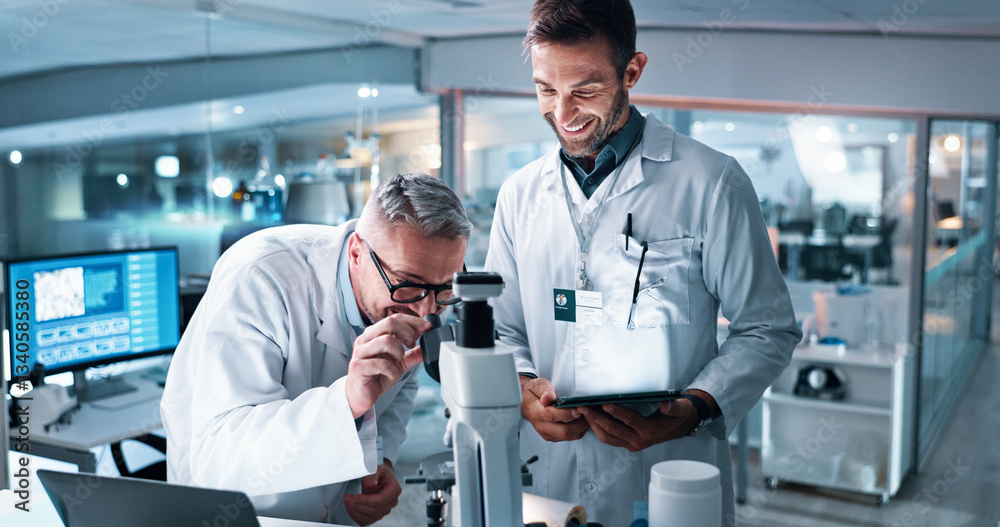 Collaboration, microscope and science with people in laboratory together for breakthrough or development. Computer, DNA and tablet with happy research team in clinical trial for medical discovery Collaboration, microscope and science with people in laboratory together for breakthrough or development. Computer, DNA and tablet with happy research team in clinical trial for medical discovery