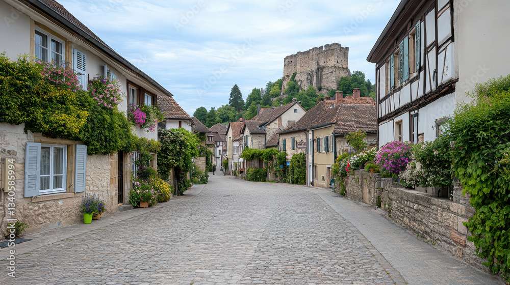 Naklejka premium charming medieval town with cobblestone streets and lush greenery