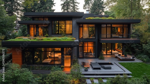 Modern architectural masterpiece featuring lush greenery, expansive glass windows, and inviting outdoor spaces