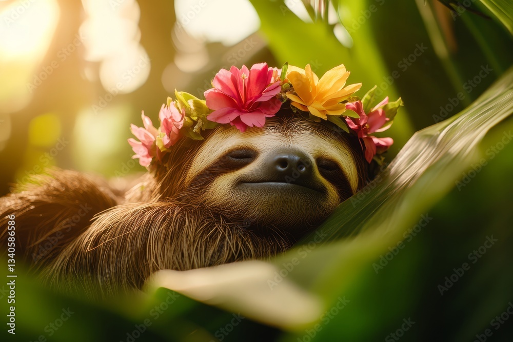 Fototapeta premium Sloth wearing a flower crown, nestled in a bed of soft tropical leaves during golden hour